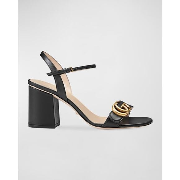 Gucci Marmont GG Platform Sandals Size 42 US 12 Black Leather Logo Block Heel - Picture 1 of 14